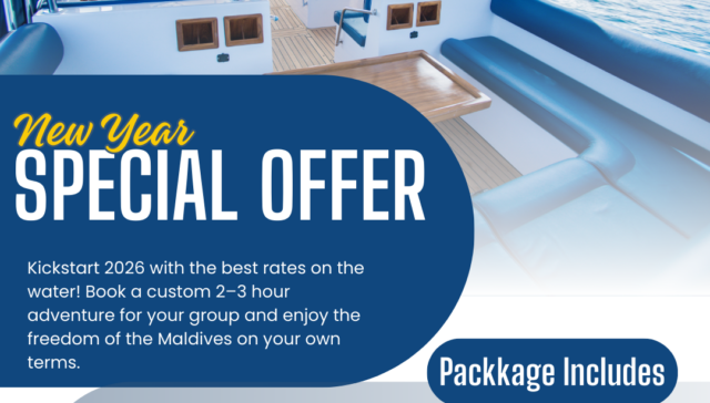 Private speedboat in Maldives turquoise water for New Year boat offer 2026.