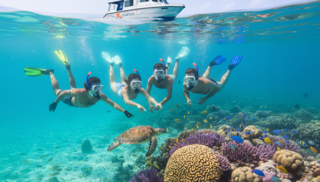 Groups snorkeling tour in a clear blue lagoon near Male’, Maldives.
