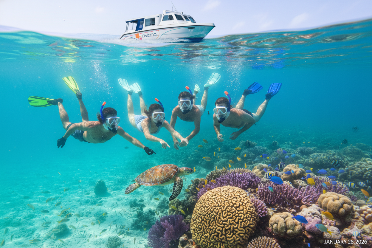 Groups snorkeling tour in a clear blue lagoon near Male’, Maldives.